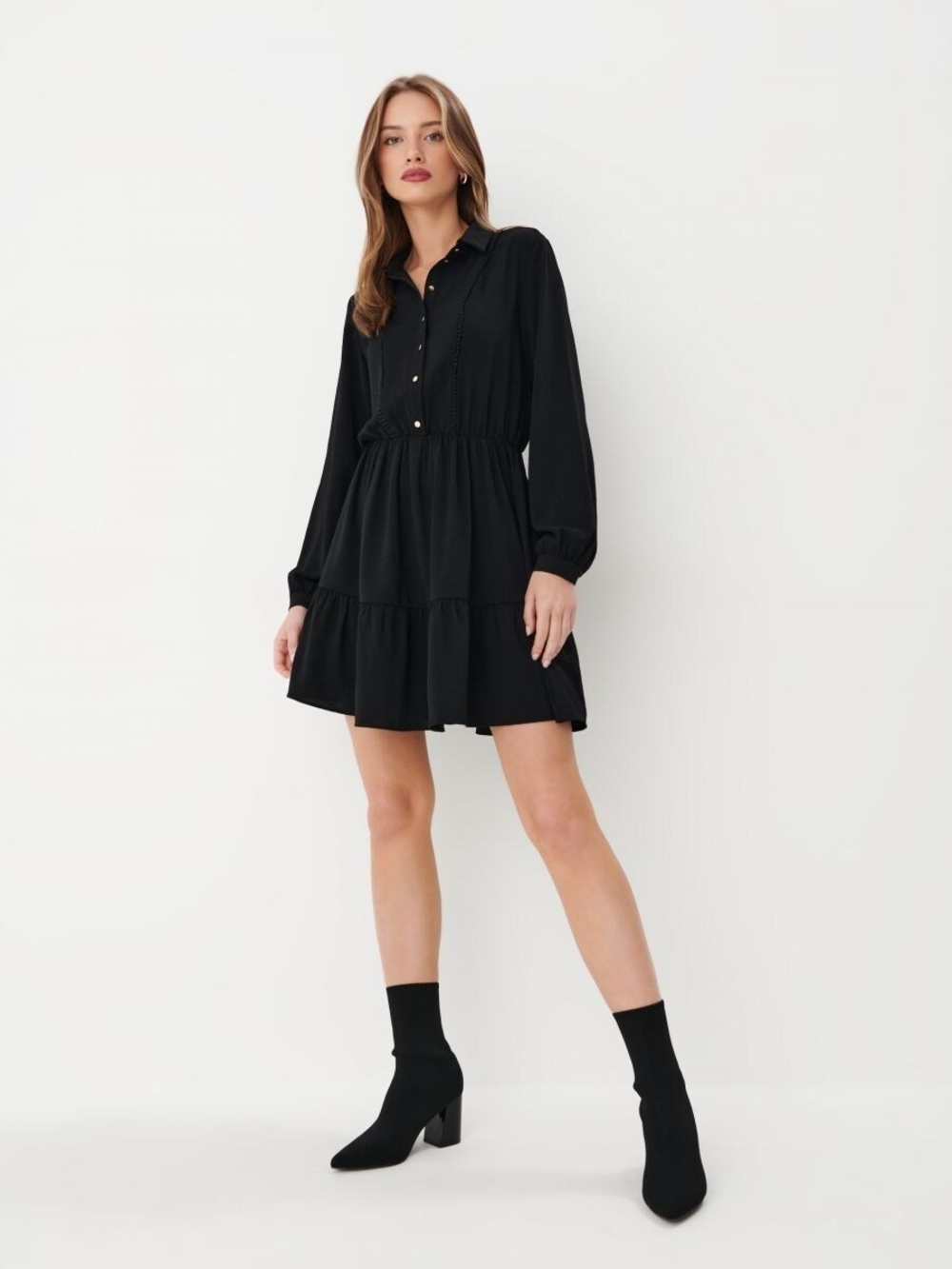 Forever 21 Dark Blue Long Sleeve Smocked Waist Ruffle Mini Dress Size M Boho
